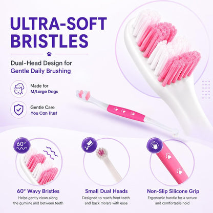 Dog Toothbrush – Newly Upgraded Dual-Head Design with 60° Wavy Bristles – Gently Surrounds Teeth for Deep Cleaning and Plaque Removal – Non-Slip Handle, Ideal for Daily Pet Dental Care (Pink, 1-Pack)