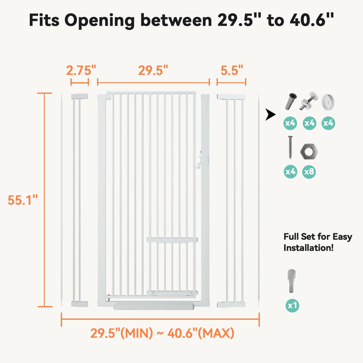 COMOMY 55.1" Extra Tall Pet Gate for Cats, Extra Wide Cat Gate with Adjustable Cat Door, Pressure Mounted Easy Walk Through Pet Gate with Door for Stairs, Doorways, Kitchen(White, 29.5-40.6")