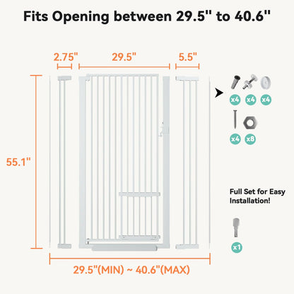 COMOMY 55.1" Extra Tall Pet Gate for Cats, Extra Wide Cat Gate with Adjustable Cat Door, Pressure Mounted Easy Walk Through Pet Gate with Door for Stairs, Doorways, Kitchen(White, 29.5-40.6")