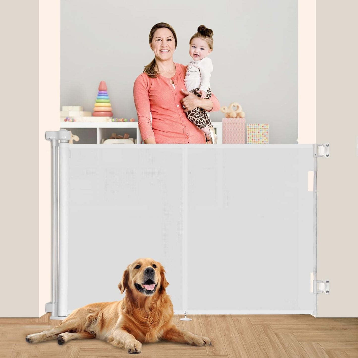 Miumoon 150 inch Retractable Baby Gates 42 inch Tall, Retractable Gate with Reinforced Strip Design to Prevent Crawling Through, 12 FT Extra Wide Retractable Dog Gate for Indoor/Outdoor