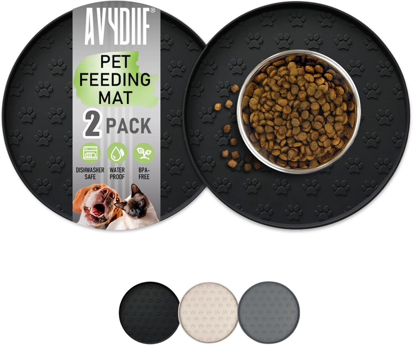 Pet Feeding Mats for Food and Water, Waterproof Anti-Slip Placemats for Dog Cat Bowl, 1 Pack Silicone Pet Food Mat, Dishwasher Safe 10.9 × 10.9 (1 Pack, Black)