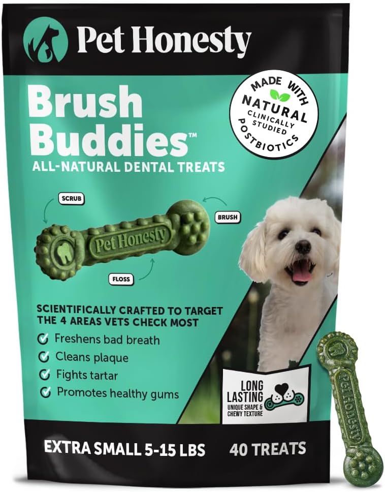Pet Honesty Brush Buddies All Natural Dog Dental Treats for Dogs – Long Lasting Dental Sticks for Dogs, Teeth Cleaner, Breath Freshener, Plaque & Tartar Remover – Medium Sized Dogs (15 Count)
