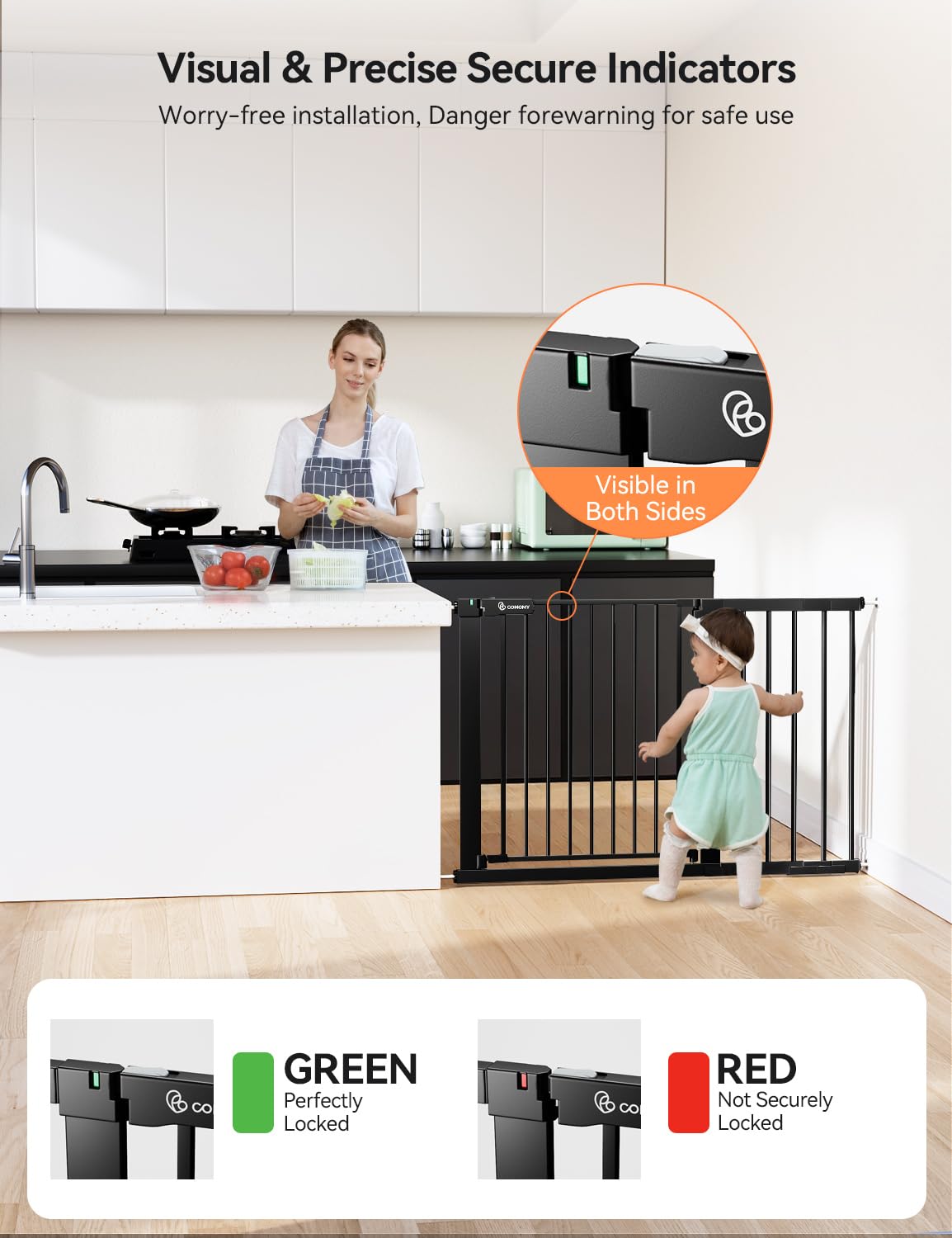 COMOMY 36" Extra Tall Baby Gate for Stairs and Doorways - Fits 29.5" to 48.8" Wide Openings, Auto Close Extra Wide Dog Gate for House, Pressure Mounted Easy Walk Through Pet With Door, Black