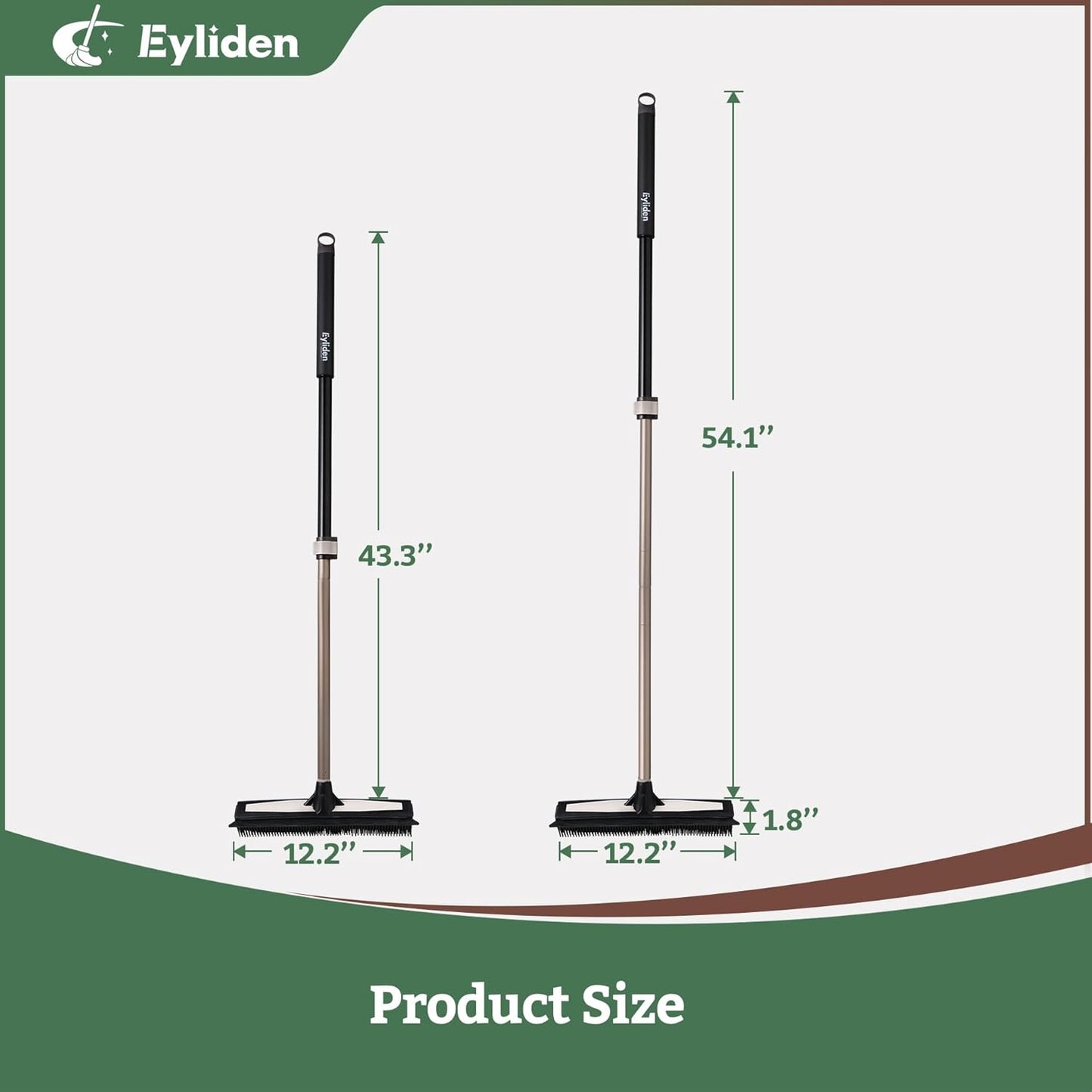 Eyliden Rubber Carpet Rake for Pet Hair, 2-in-1 Push Broom with Squeegee, 54" Telescopic Handle, Fur Water Remover Brush for Carpet, Rug, Hardwood, Tile Floors