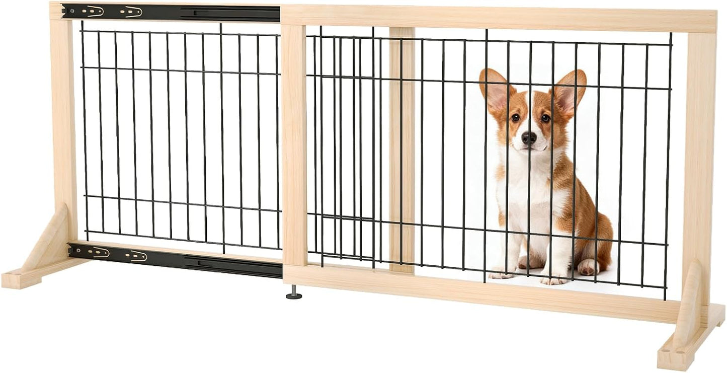 Extra Wide Freestanding Dog Gate, Adjustable Width 31.5"–61", 19.7" Tall Indoor Pet Gate for Kitchen, Living Room & Stairs, Wooden Metal Frame No-Drill Pet Barrier
