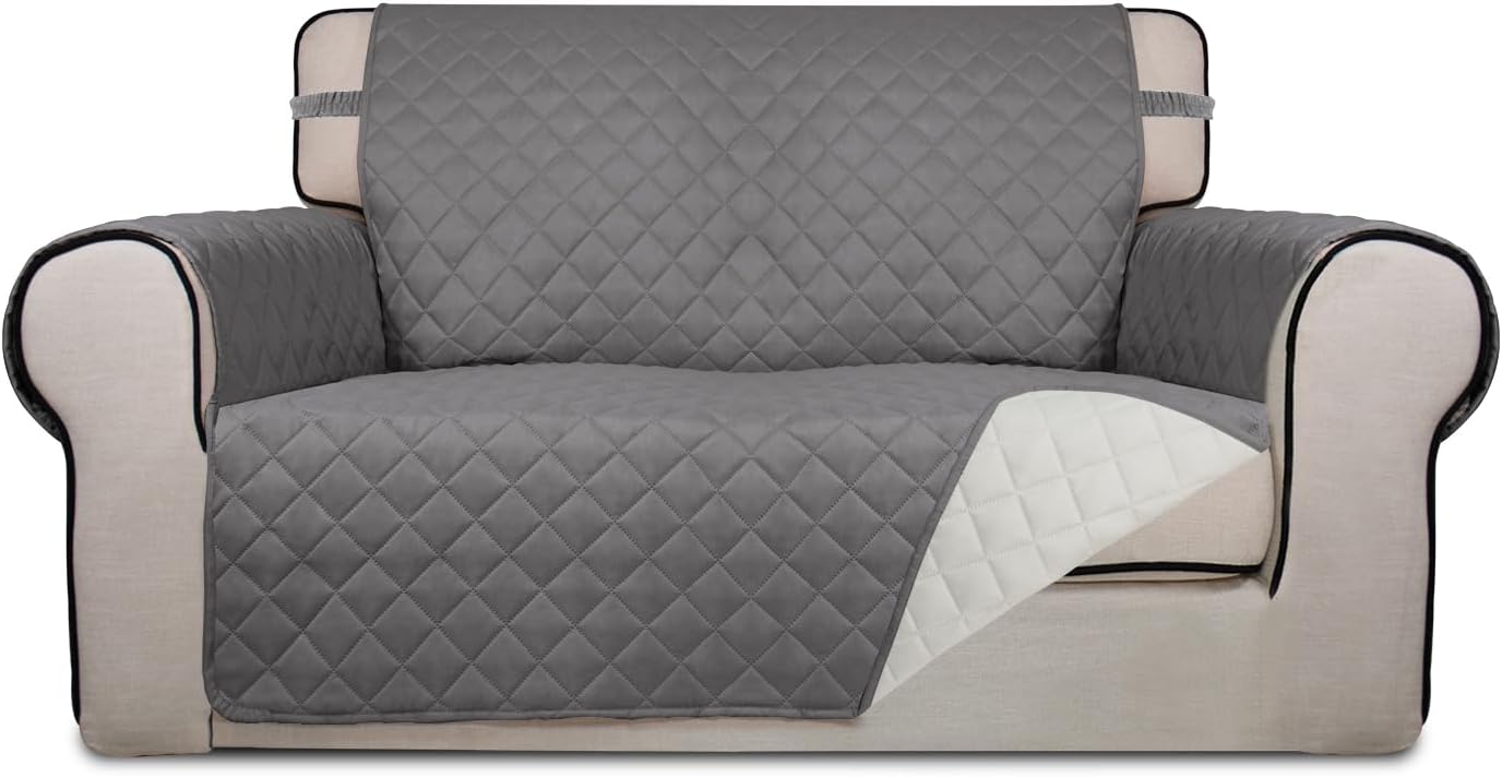 PureFit Reversible Quilted Sofa Cover, Water Resistant Slipcover Furniture Protector, Washable Couch Cover with Non Slip and Elastic Straps for Kids, Dogs, Pets (Sofa, Gray/Light Gray) - Colors A