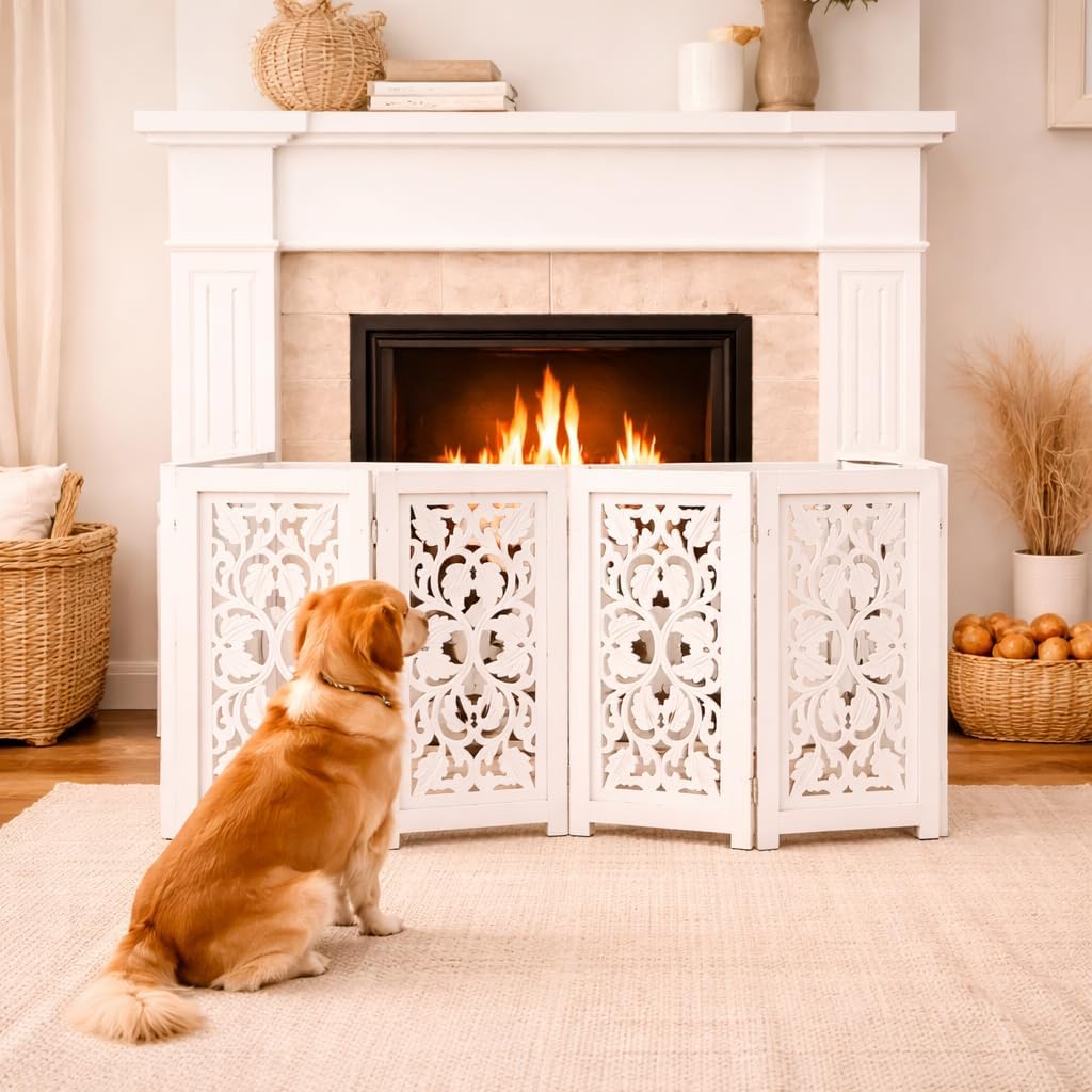Freestanding Pet Gate for Dogs, Foldable Wooden Dog Gate for House, Indoor Dog Gate for Stair, Doorway, House Design Gates for Dogs Indoor, 72 Inch Wide, (18" x4 Panels 72 inch), Burnt Finish