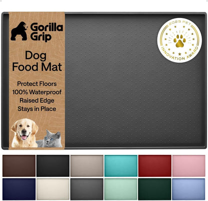 GORILLA GRIP 100% Waterproof Raised Edge BPA Free Silicone Pet Feeding Mat, Dog Cat Food Mats Contain Spills Protects Floors, Placemats for Cats and Dogs Water Bowl, 18.5x11.5, Gray