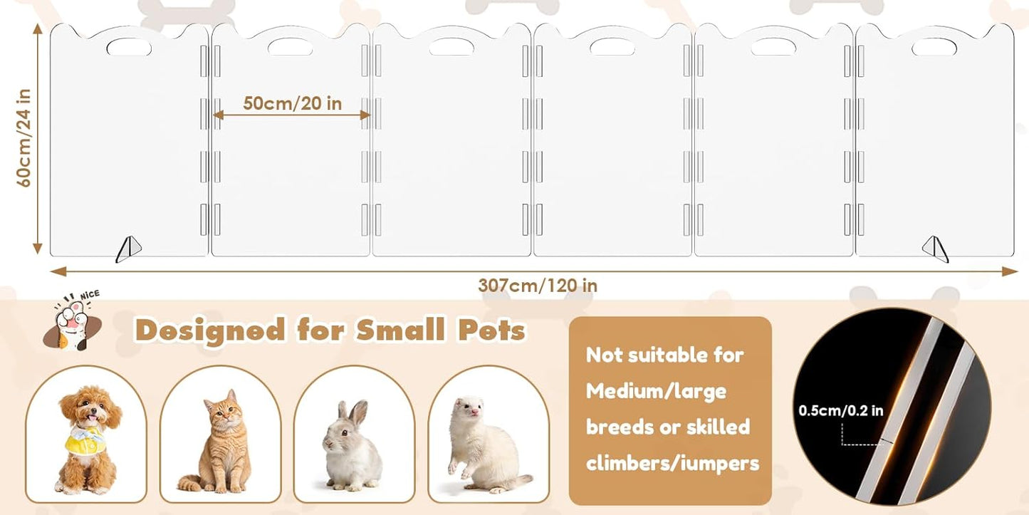 Extra-Wide Clear Acrylic Freestanding Dog Gate with Upgraded Hinges & Stable Support Feet, 6 Panel - 120''W x 24''H for Doorways, Stairs and Open Spaces, Foldable Pet Barrier for Small Puppy Cats