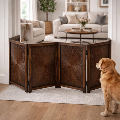 Freestanding Pet Gate for Dogs, Foldable Wooden Dog Gate for House, Indoor Dog Gate for Stair, Doorway, House Design Gates for Dogs Indoor, 72 Inch Wide, (18" x4 Panels 72 inch), Burnt Finish