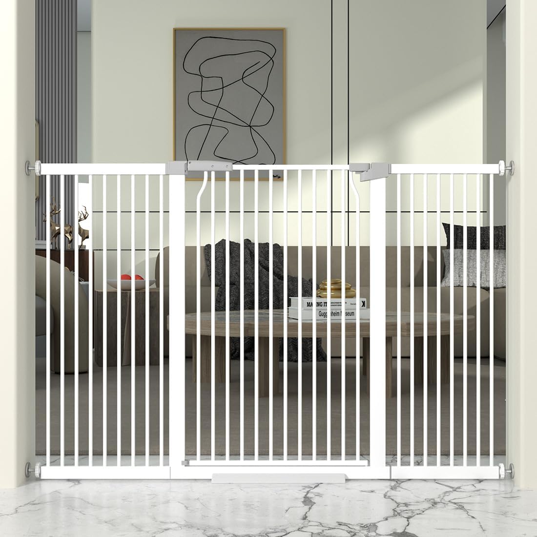 41" Extra Tall Cat Gate for Doorway, 49.2-54.7 Metal Pet Baby Safe Gate, Extra Wide Pressure Mounted Child Door with Expansion Kit, No Drilling No Climb Cat Fence Indoor, Tall Dog Gate, White