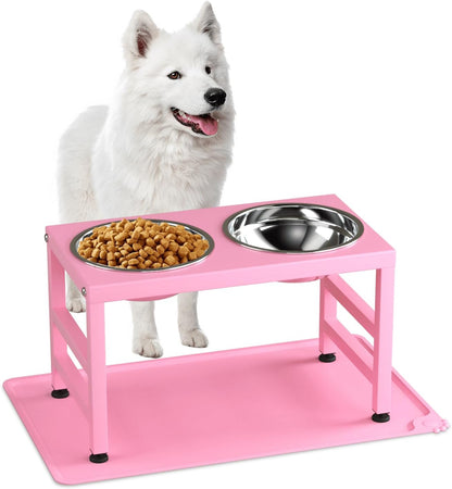 ADENGL Metal Raised Dog Bowl, 10" Tall Elevate Dog Feeder Stand with 2 Stainless Steel 42oz Bowls & 16x24 Non-Slip Mat – Stronger Dogs Food & Water Bowl Stand (Black)