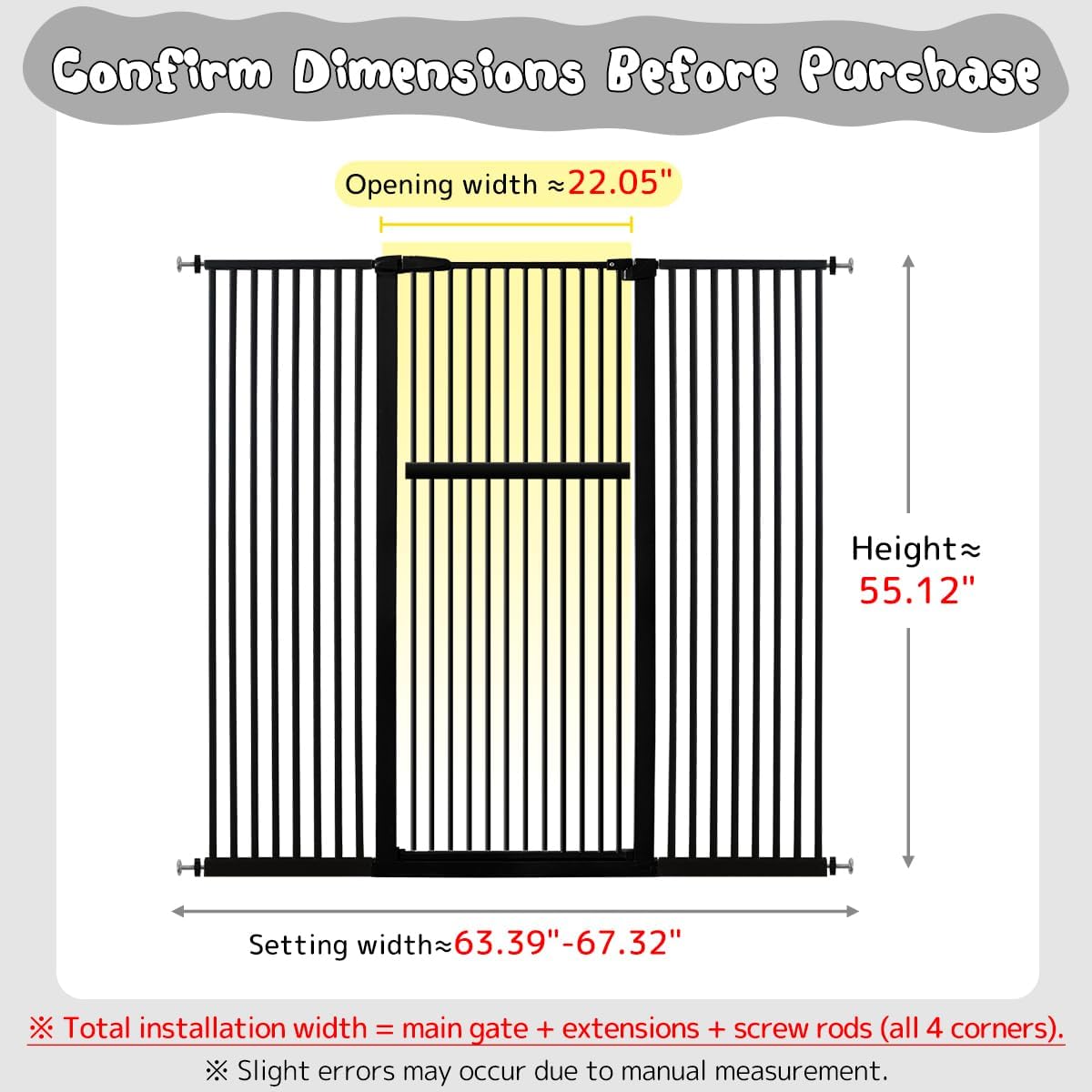 Lumizone Extra Tall Cat Gate 61.02" High Pressure Mounted Extra Wide 30.12"-34.05" (17Sizes) 1.37" Gap No Drilling Auto-Close Tall Pet Gate for Dogs (Black, 30.12"-34.05" W)