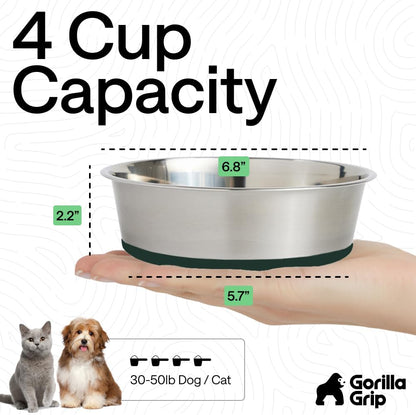 GORILLA GRIP Dog Bowls, Food Grade 304 Stainless Steel, Holds 2 Cups Each (16 fl oz) Food and Water Bowl for Feeding Dogs and Cats, Dishwasher Safe, Rust Resistant, BPA Free Rubber Base Set of 2 Black