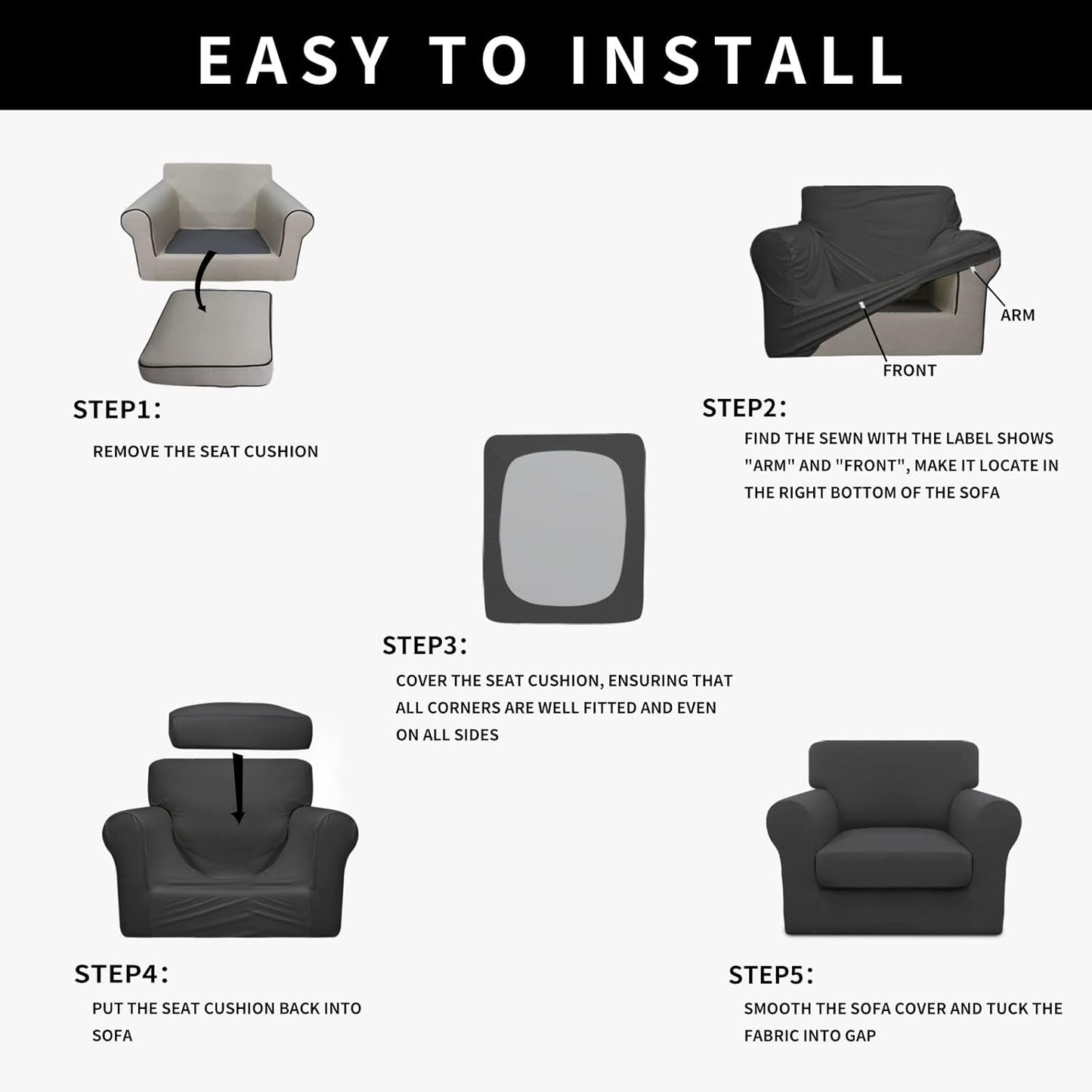 Easy-Going 100% Dual Waterproof 4 Pieces Stretch Soft Couch Cover for Dogs, Sofa Slipcover for 3 Separate Cushion Couch Leakproof Furniture Protector for Kids, Pets Dark Gray