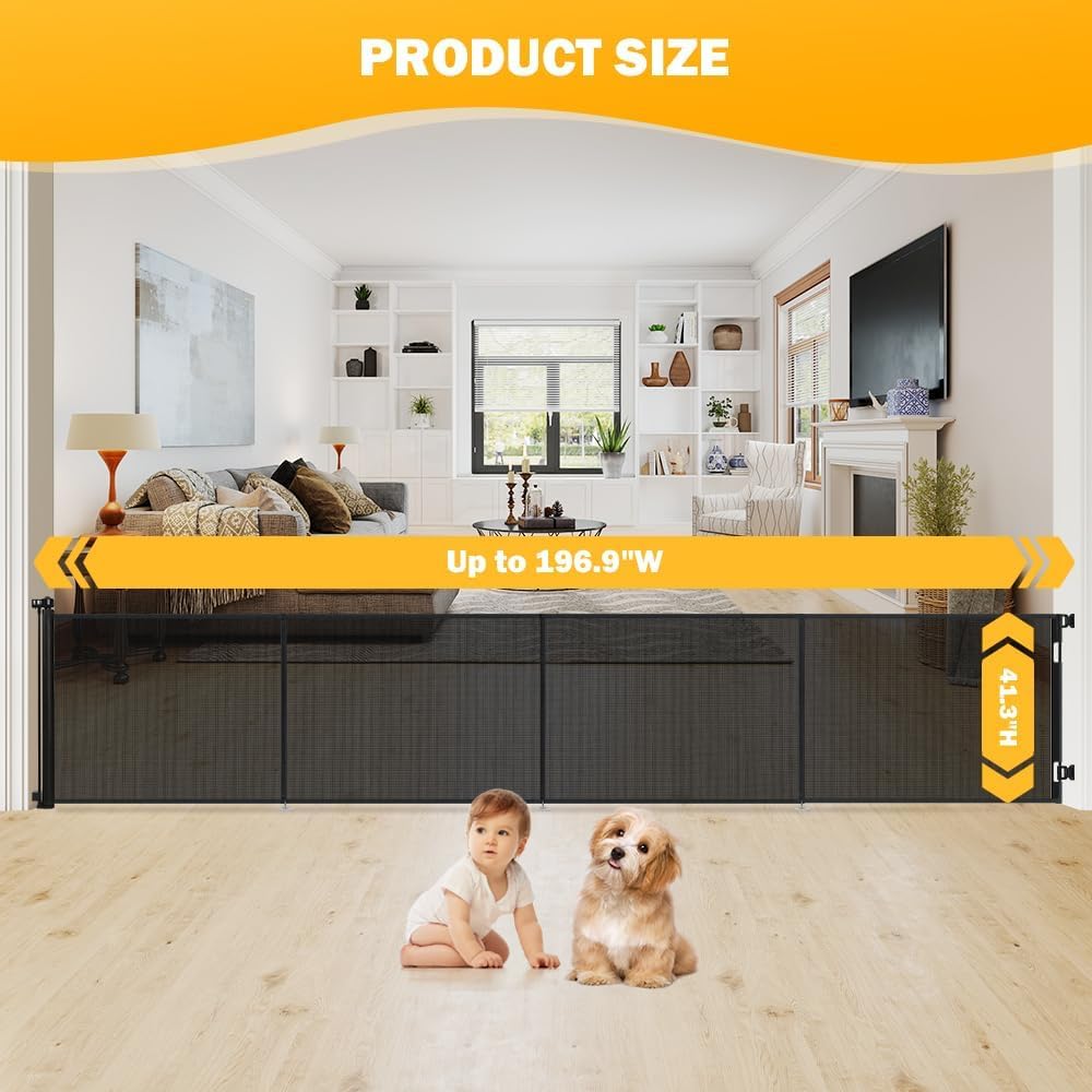 47” Extra Tall Retractable Baby Gate, Reinforced Mesh Dog Gate Extends to 71" Wide, Baby Gate for Stairs, Doorways, Hallways, Indoor and Outdoor, Black