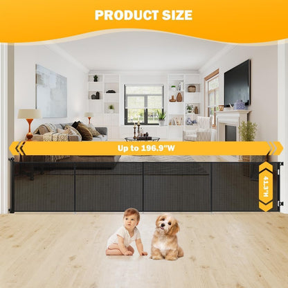47” Extra Tall Retractable Baby Gate, Reinforced Mesh Dog Gate Extends to 71" Wide, Baby Gate for Stairs, Doorways, Hallways, Indoor and Outdoor, Black