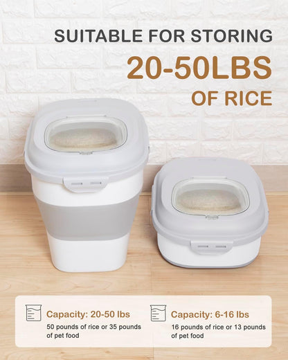 20-30 Lbs Rice Storage Container,Collapsible Food Storage Containers with Rolling Wheel Airtight Locking Lid,Flour Storage Container with Cup and Scoop,Suitable for Food,Rice,Pet Food,Flour
