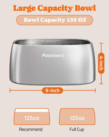 Pawtners All Stainless Steel Dog Water Bowl No Spill,135oz Anti-Splash Dog Bowl with Non-Slip Base, Spill Proof for Medium Large Messy Drinkers, Slow Drinking, Slobber Stopper,Easy to Clean
