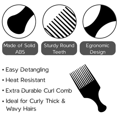 Boorika Afro Hair Pick Comb for Women & Men, 7.5 In Smooth Sturdy Wide Tooth for Detangling & Styling - Pack of 2