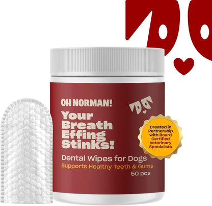 OH NORMAN! Dog Dental Wipes - Vet-Approved Pet Dental Finger Wipes for Oral Hygiene & Fresh Breath - Alternative to Finger Toothbrush for Dogs - No Fuss Dog Cleaning Supplies for Daily Use - 50 pcs