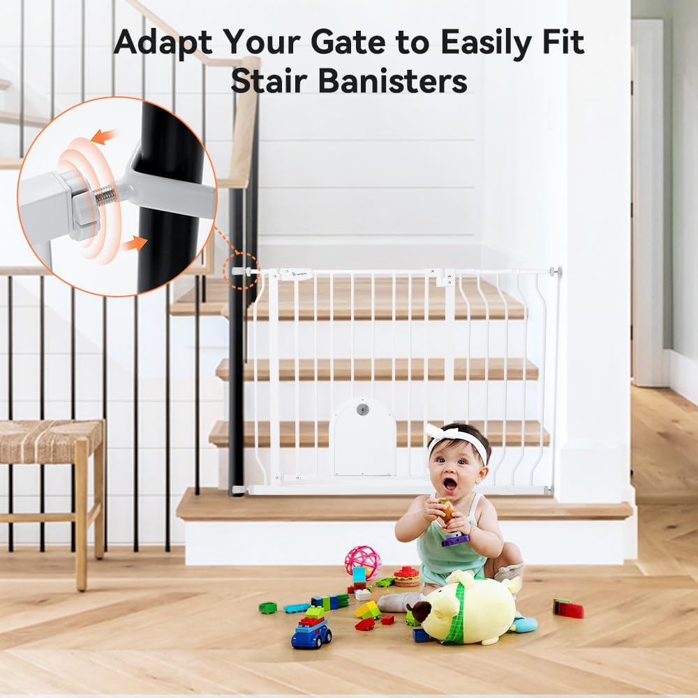 COMOMY 29.5-48.4" Baby Gate with Adjustable Cat Door,Extra Wide Metal Cat Gate for Stairs Doorways, Auto Close Dog Gate with Pet Door for House, Pressure Mounted Easy Walk Through (30" Tall, Black)