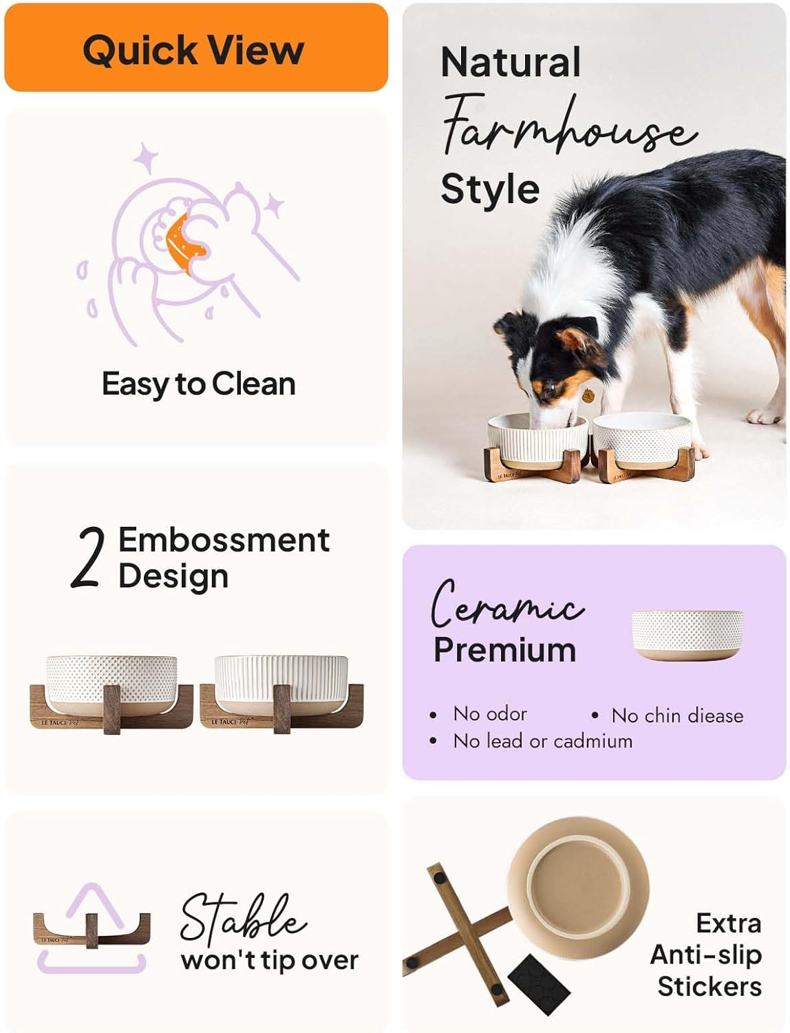 LE TAUCI PET Ceramic Dog and Cat Bowl Set with Acacia Wood Stand - 2 Cup Weighted Non-Slip Food and Water Bowls for Small Dogs & Cats, Lines + Dot