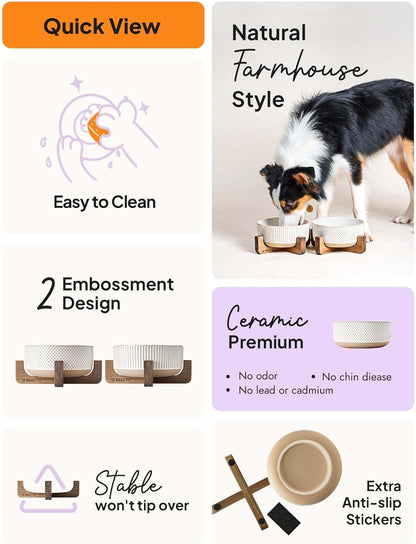 LE TAUCI PET Ceramic Dog and Cat Bowl Set with Acacia Wood Stand - 2 Cup Weighted Non-Slip Food and Water Bowls for Small Dogs & Cats, Lines + Dot