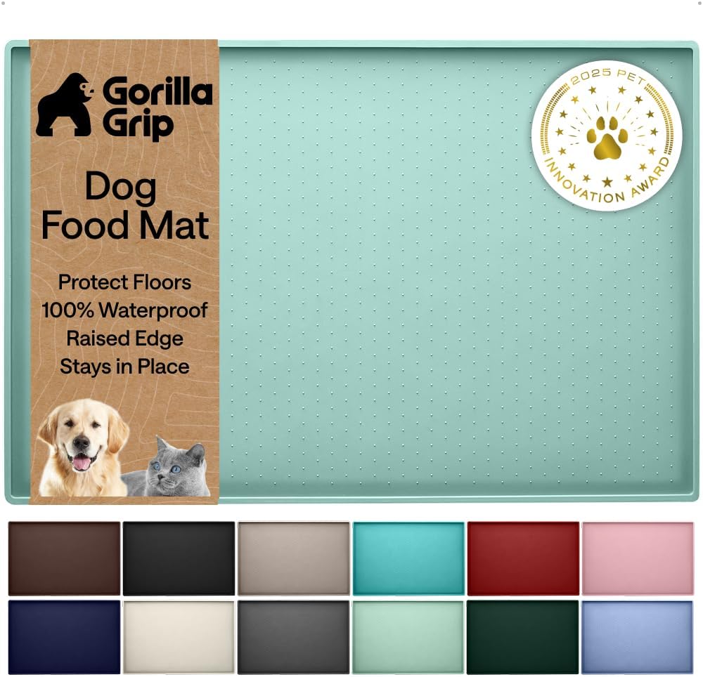 GORILLA GRIP 100% Waterproof Raised Edge BPA Free Silicone Pet Feeding Mat, Dog Cat Food Mats Contain Spills Protects Floors, Placemats for Cats and Dogs Water Bowl, 18.5x11.5, Gray