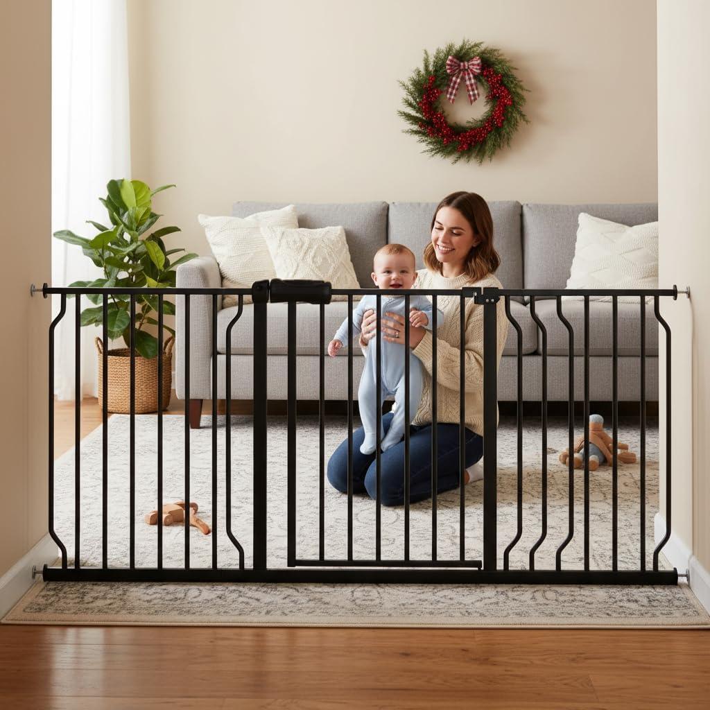 Extra Wide Baby Gates for Doorways 71.65"-85.82" Extra Wide Baby Gate Dog gate Pressure Mounted No Drilling with Walk-Through, Auto-Close & Dual-Direction Swing for Large Wide Opening Black