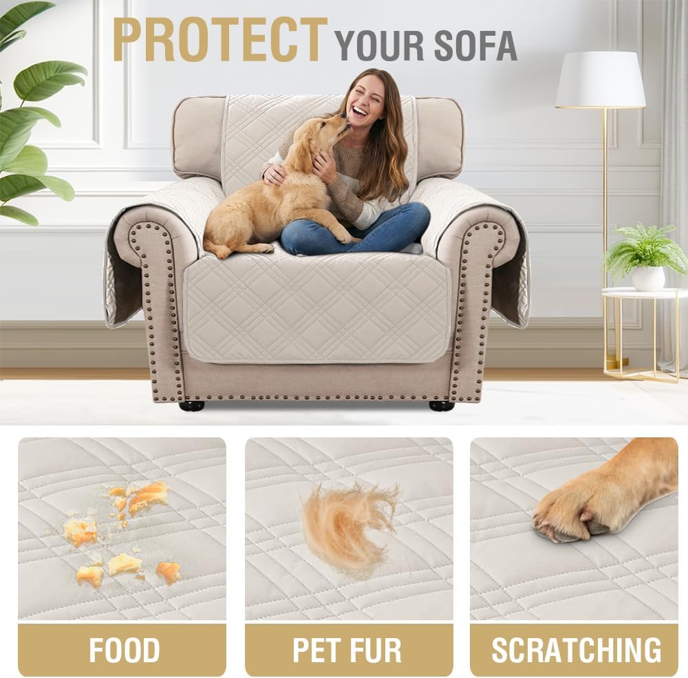 H.VERSAILTEX 100% Waterproof Slipcovers for Couches and Sofas Modern Pet Couch Cover Thick Soft Furniture Protector with Elastic Straps(Sofa, Lily Pad/Beige)