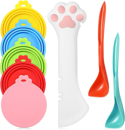 Uiifan 8 Pcs Cat Food Can Covers Lids Set, Silicone Pet Food Can Lids with Multi-Function Cat Foods Spoon and Opener, Silicone Wet Foods Spoon for Cats and Dogs(Pink)