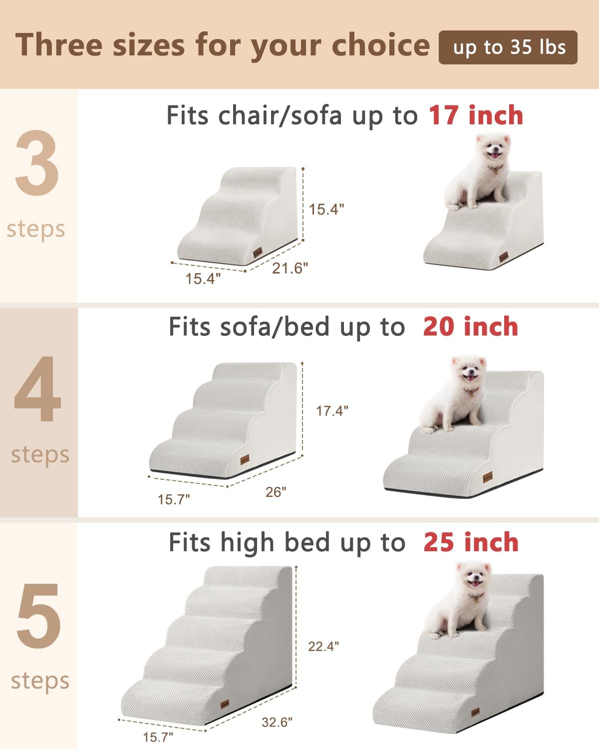 Aodisman Dog Stairs for Small Dogs,3 Step Dog Ramp for Couch and Bed,Pet Stairs with Non-Slip Bottom for Old Cats,Indoor Pet Steps,Comfort,Durable,15.4" H