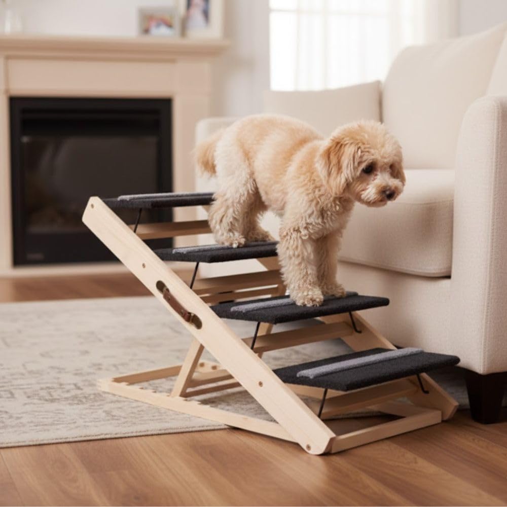 3 Steps Wood Pet Stairs & Ramp for Small and Medium Dogs and Cats, Portable Ramp Pets 2-in-1 Foldable, Non-Slip Pet Ladder for Tall Beds, Sofa, Cars, Holds Up to 220 lbs (3 Steps)