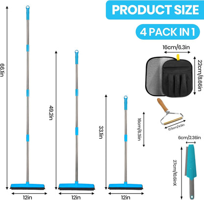 Carpet Rake for Pet Hair Removal, 4-in-1 Reusable Carpet Broom, 66" Adjustable Long Handle Carpet Rake with Squeegee,Rubber Edge Broom Rug for Hardwood Floors, Mats and Couches