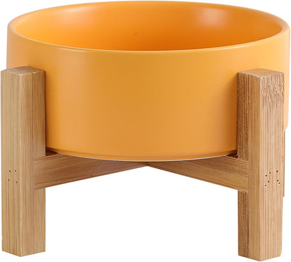 Elevated Ceramic Cat Bowl - Cat Food Bowl with Bamboo Stand - Raised Dog Dish for Puppies - Anti Vomiting, Stress Free - 13.5 oz / 400 ml - White