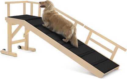 Dog Ramp for Bed or Couch, Wooden Pet Ramp with 20° Gentle Slope, Removable Side Rails, Non-Slip Surface, Top Platform & Wheels, Safe Bed Ramp for Small, Large & Senior Dogs, 60" Long, Mahogany