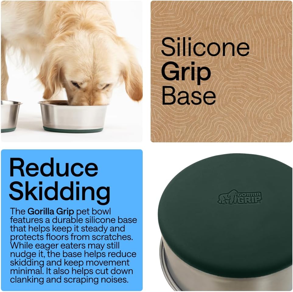 GORILLA GRIP Dog Bowls, Food Grade 304 Stainless Steel, Holds 2 Cups Each (16 fl oz) Food and Water Bowl for Feeding Dogs and Cats, Dishwasher Safe, Rust Resistant, BPA Free Rubber Base Set of 2 Black