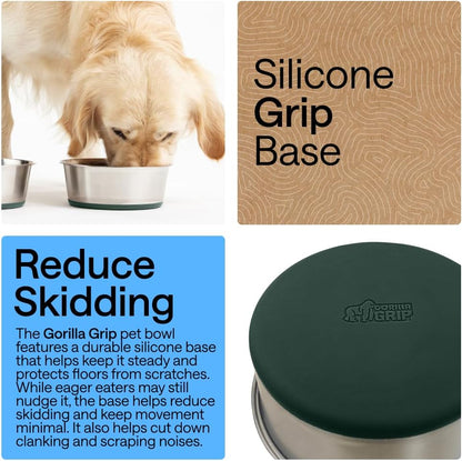 GORILLA GRIP Dog Bowls, Food Grade 304 Stainless Steel, Holds 2 Cups Each (16 fl oz) Food and Water Bowl for Feeding Dogs and Cats, Dishwasher Safe, Rust Resistant, BPA Free Rubber Base Set of 2 Black