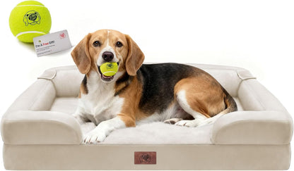 Extra Large Dog Bed, Orthopedic XL Washable Memory Foam Bed for Big Dogs Waterproof Pet Couch Sofa Bolster with Removable Cover, Non-Slip Bottom, Tennis Ball Toy, 42x30