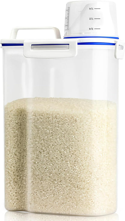 Viretec Rice Airtight Storage Container, 3 to 5Lbs Cereal Dry Food Flour Bin, Pet Dog Cat Food Dispenser with Measuring Cup, BPA Free Clear Plastic Kitchen and Pantry Organization Bin for Sugar