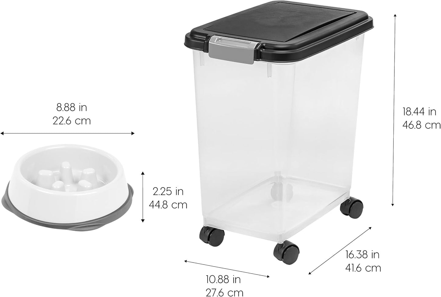 IRIS USA Dog Food Storage Container, 2 Pack, Up to 30 lbs Each, Airtight Seal for Freshness, Wheels for Rolling, Easy One Hand Opening, Made in USA, BPA Free, Clear/Black