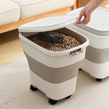 SEWIU 2pack 25 lbs Dog Food Storage Container,Collapsible Dog Food Container with Scoop,Pet/Dog/Cat/Bird Food/Cat litter Storage Containers to Keep Dry,Easy to Move.(Black+white)