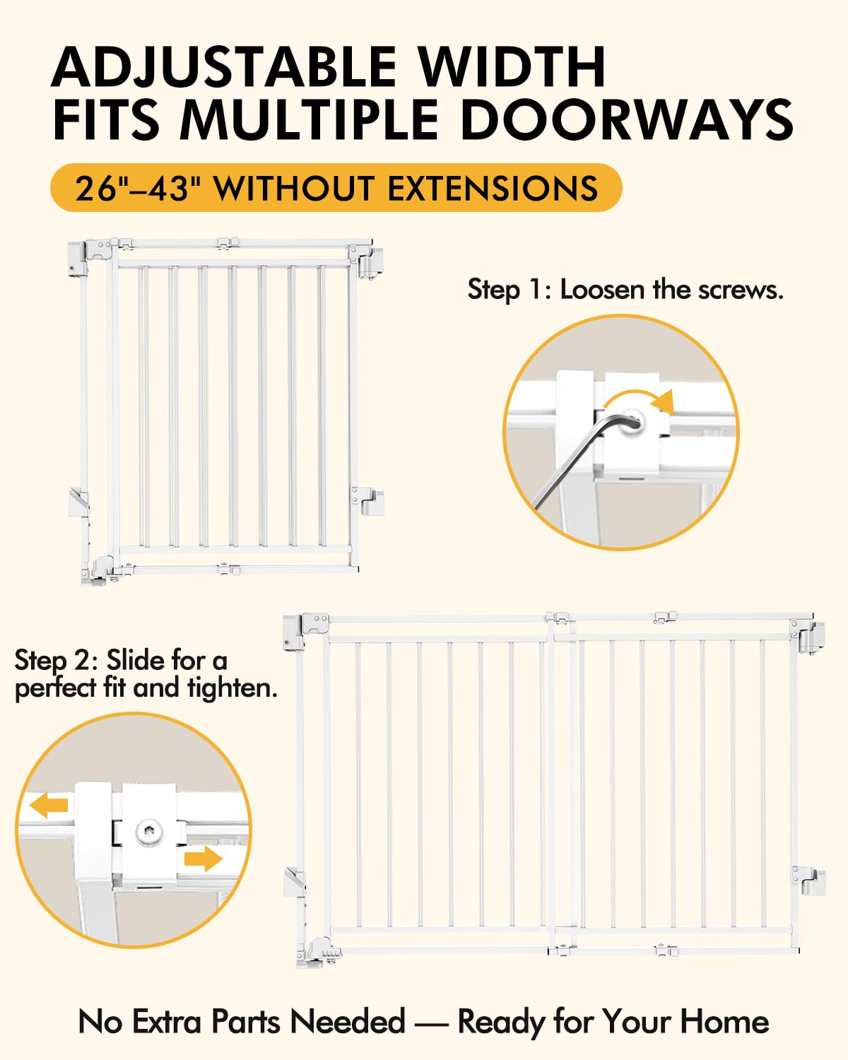 Extra Wide Baby Gate for Doorways 29" Tall Safety Gate for Kids&Pets,Pressure Mounted with Auto Close,Walk-Thru Metal Gate,Adjustable Width 26.4"-43",Indoor Pet Gate for Stairs & Hallways Black