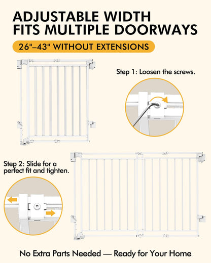 Extra Wide Baby Gate for Doorways 29" Tall Safety Gate for Kids&Pets,Pressure Mounted with Auto Close,Walk-Thru Metal Gate,Adjustable Width 26.4"-43",Indoor Pet Gate for Stairs & Hallways Black
