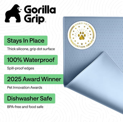 GORILLA GRIP 100% Waterproof Raised Edge BPA Free Silicone Pet Feeding Mat, Dog Cat Food Mats Contain Spills Protects Floors, Placemats for Cats and Dogs Water Bowl, 18.5x11.5, Gray