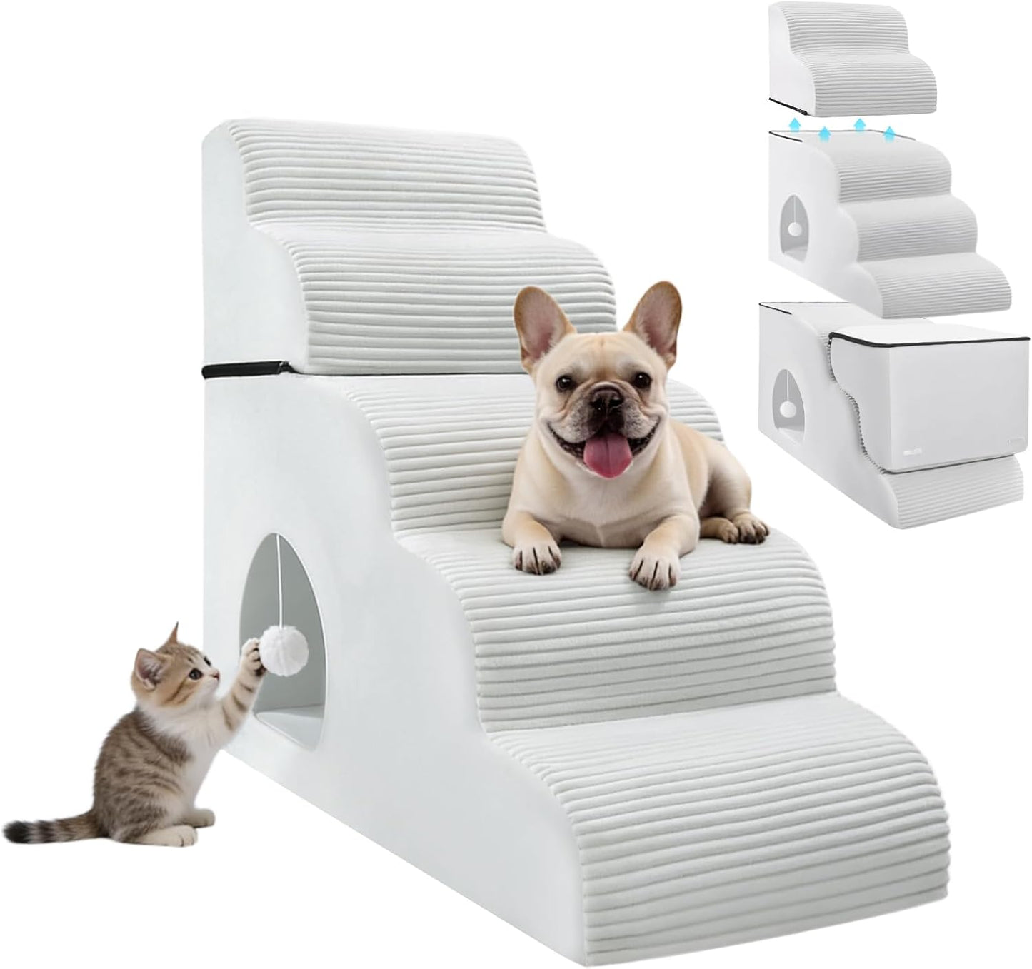 Dog Stairs for High Beds Up to 30" H with Tunnel,Extra Height 27.5" 5-Step Pet Steps for Small Dogs and Cats, Non-Slip Sturdy Dog Ramp with Anti-Tip Safety Strap and Removable Cover