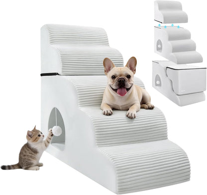 Dog Stairs for High Beds Up to 30" H with Tunnel,Extra Height 27.5" 5-Step Pet Steps for Small Dogs and Cats, Non-Slip Sturdy Dog Ramp with Anti-Tip Safety Strap and Removable Cover