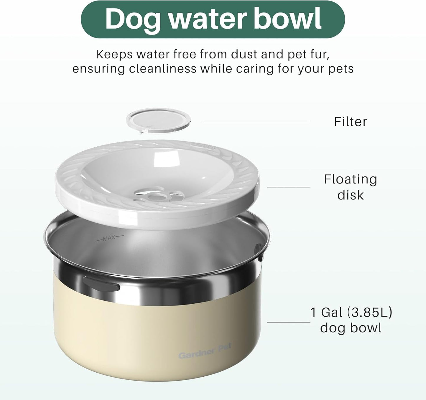 Gardner Pet Slow Water Bowl for Dogs – No Spill, Anti-Splash Floating Plate Design, Slows Drinking to Reduce Mess, Keeps Water Clean & Floors Dry, 3.8L(White)
