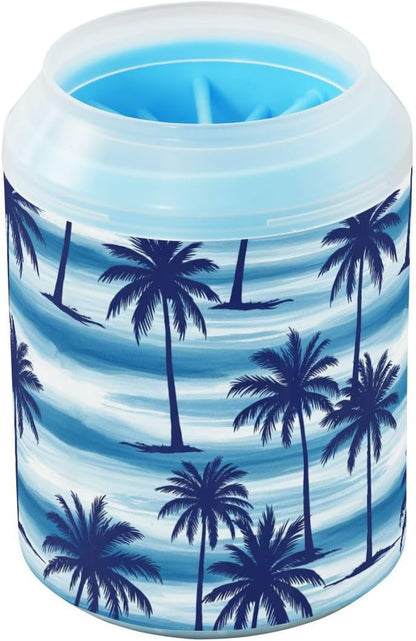 Tropical Palm Ocean Blue Print Dog Paw Cleaner Cup with Soft Silicone Brush, Small Lightweight Portable Muddy Paw Washer for Dogs, Easy to Use Pet Foot Cleaner